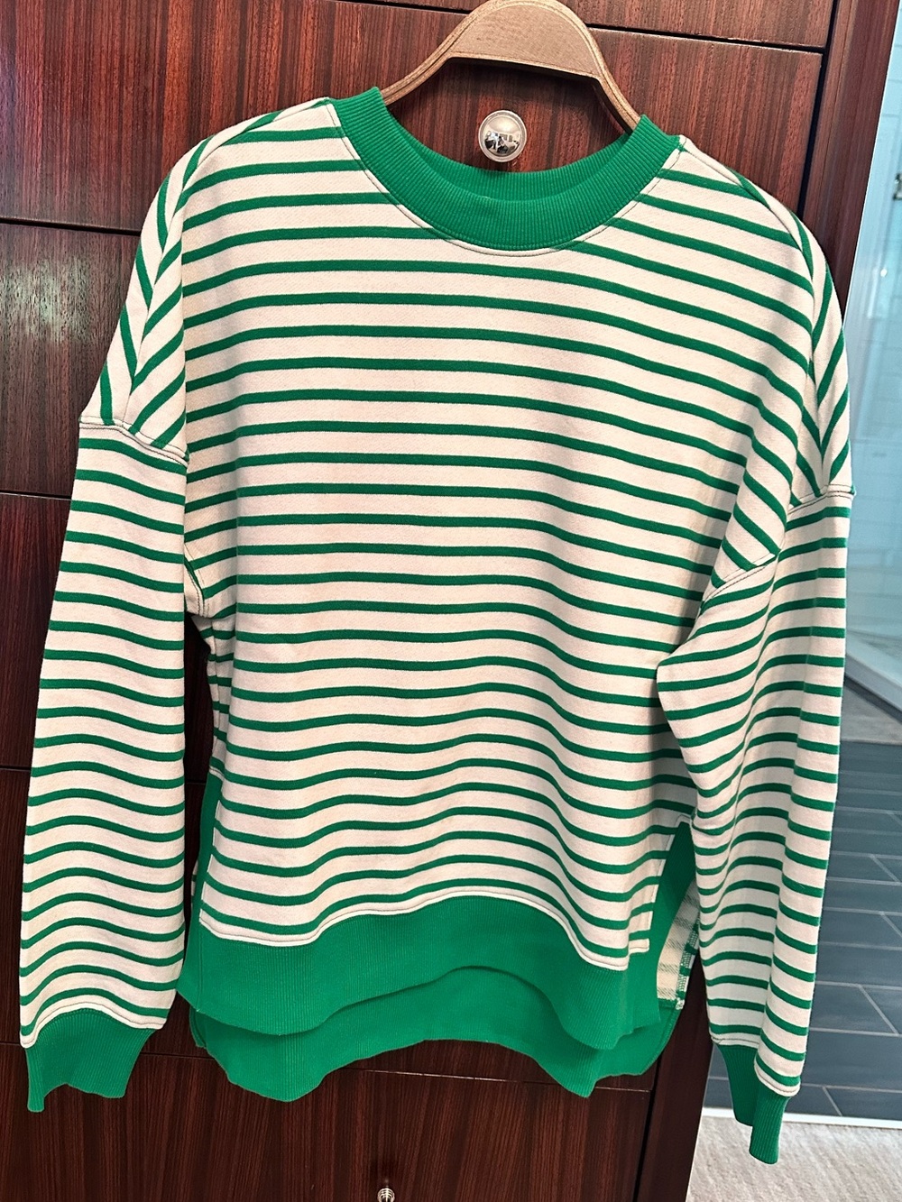 Z Supply Women’s Cream Sweater with Green Stripe Trim - Crewneck